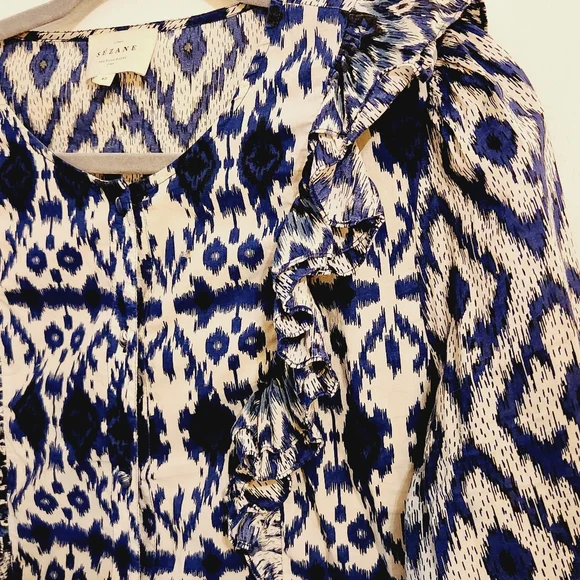 Sezane Printed Ruffle Cotyon Blue Button Down Blouse Size 42 US 10 - Picture 6 of 12